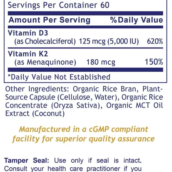 Premier Vegan D3+K2 - 180 mcg Bottle - Supplement Facts