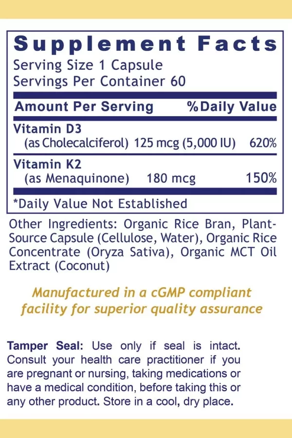 Premier Vegan D3+K2 - 180 mcg Bottle - Supplement Facts