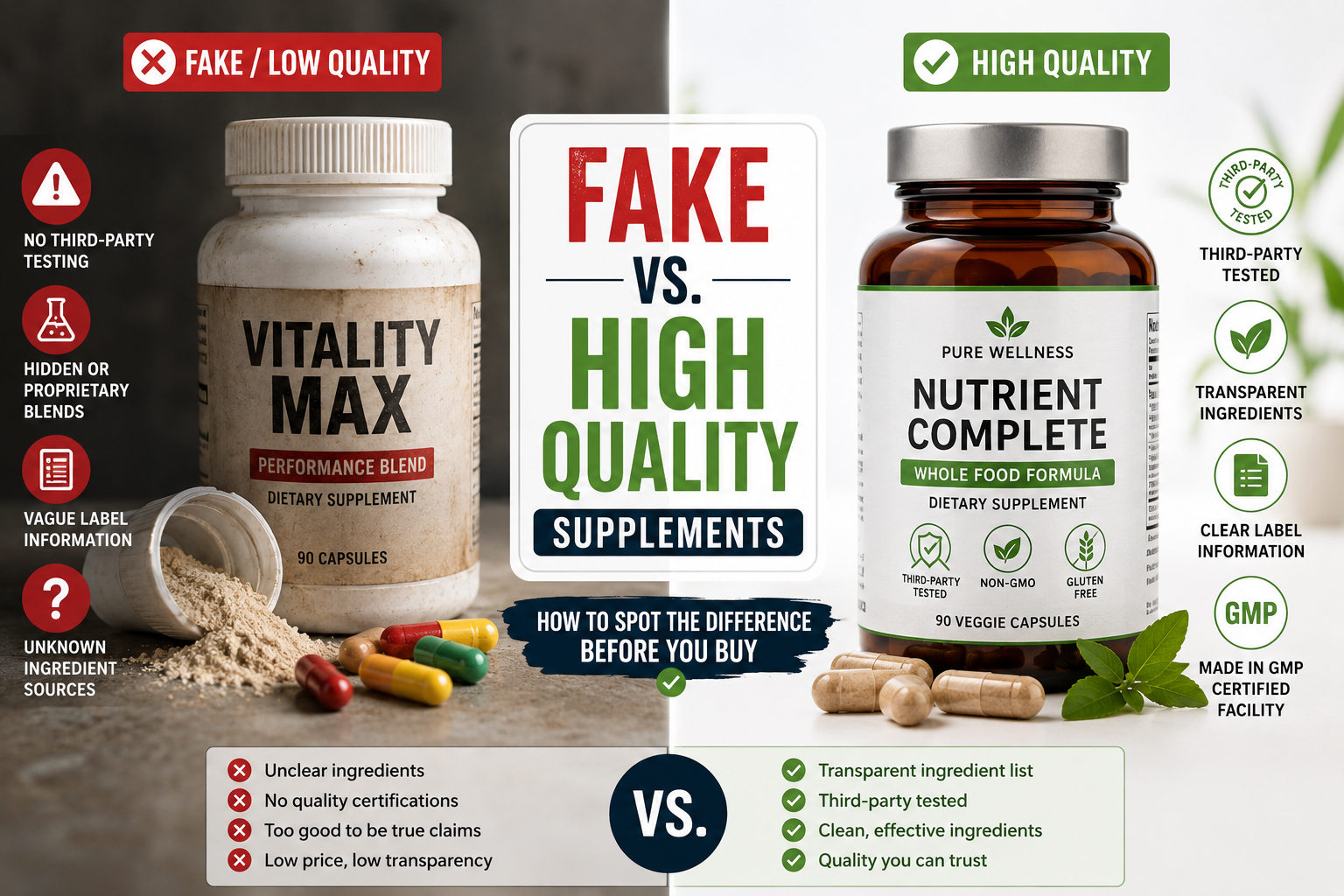 fake-vs-high-quality-supplements Comparison between fake or low quality with premium quality supplement