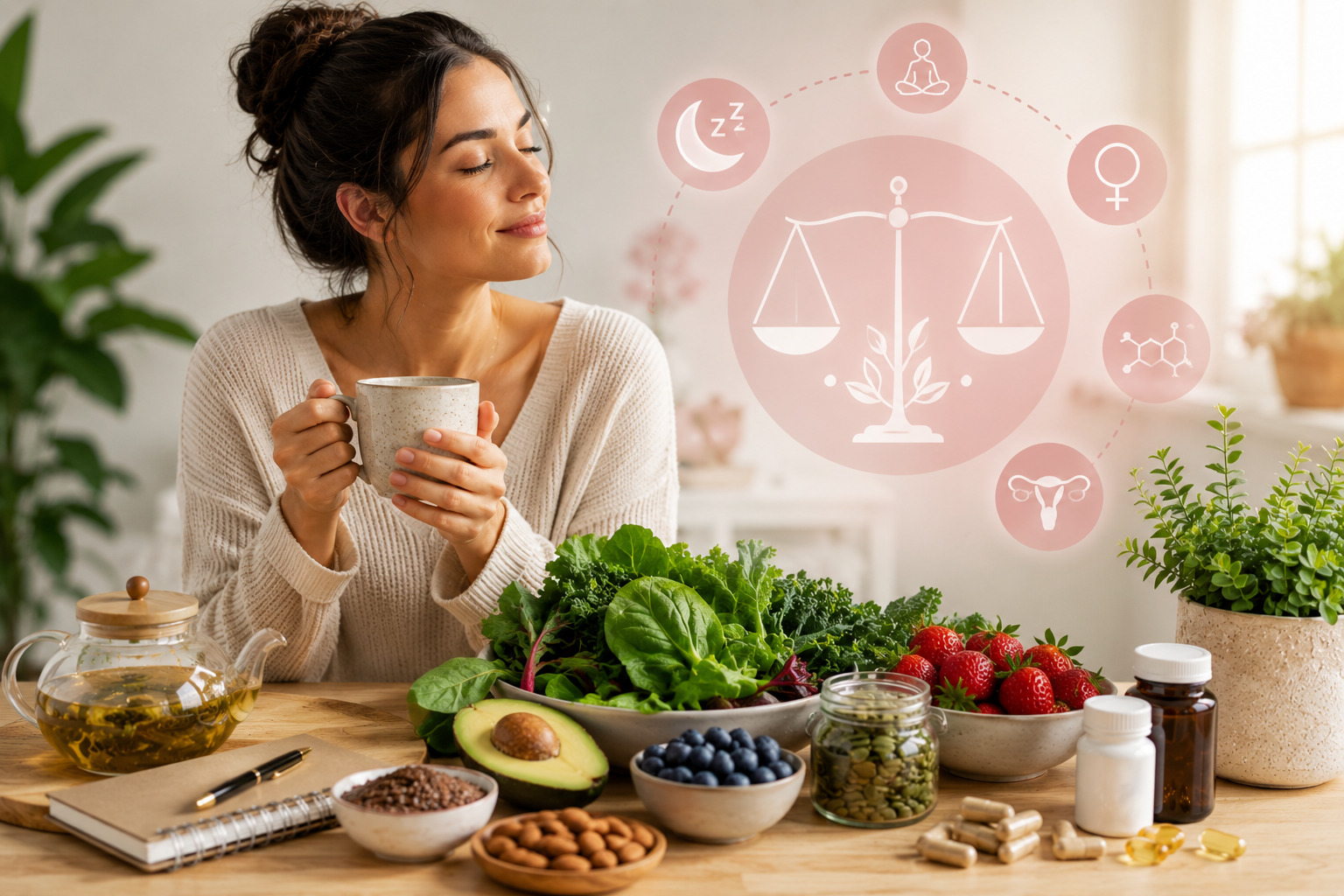 Natural hormone balance Natural hormone balance support with healthy foods, tea, and supplements