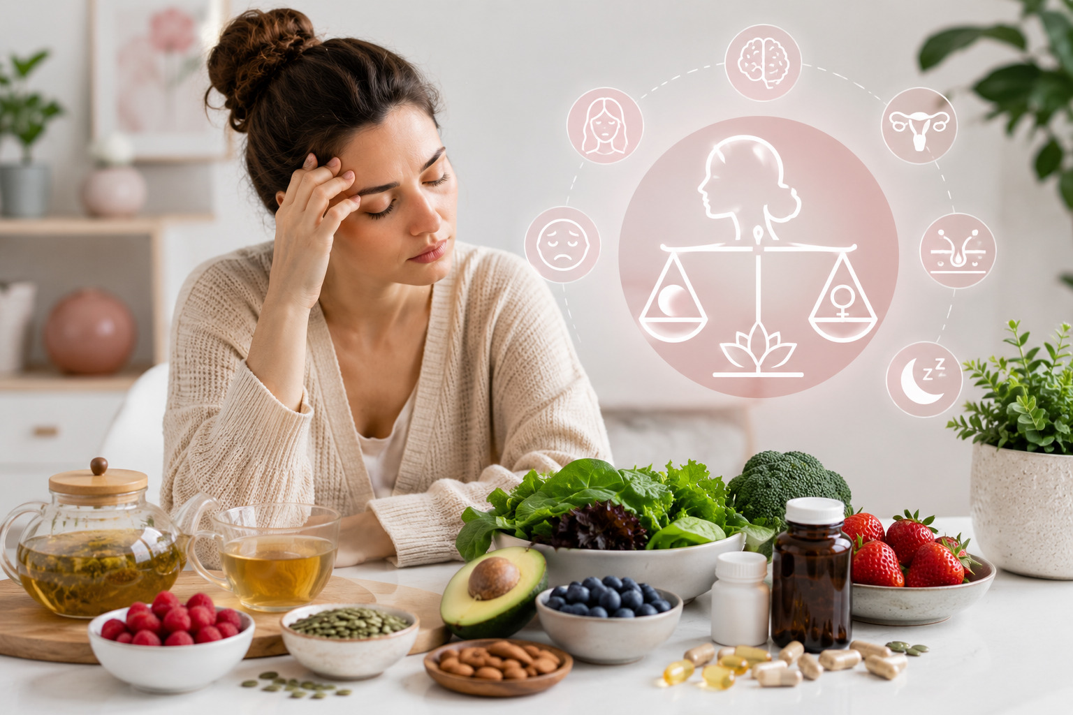 signs of hormonal imbalance Woman with healthy foods and supplements for hormonal imbalance support