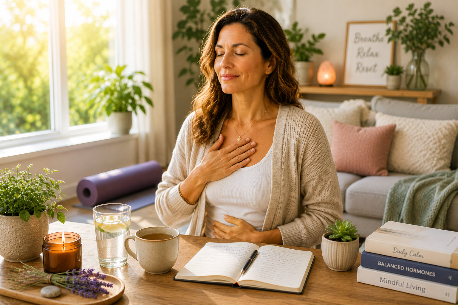 Stress and Hormone Balance Stress and hormone balance supported by deep breathing, journaling, herbal tea, and a calm wellness routine