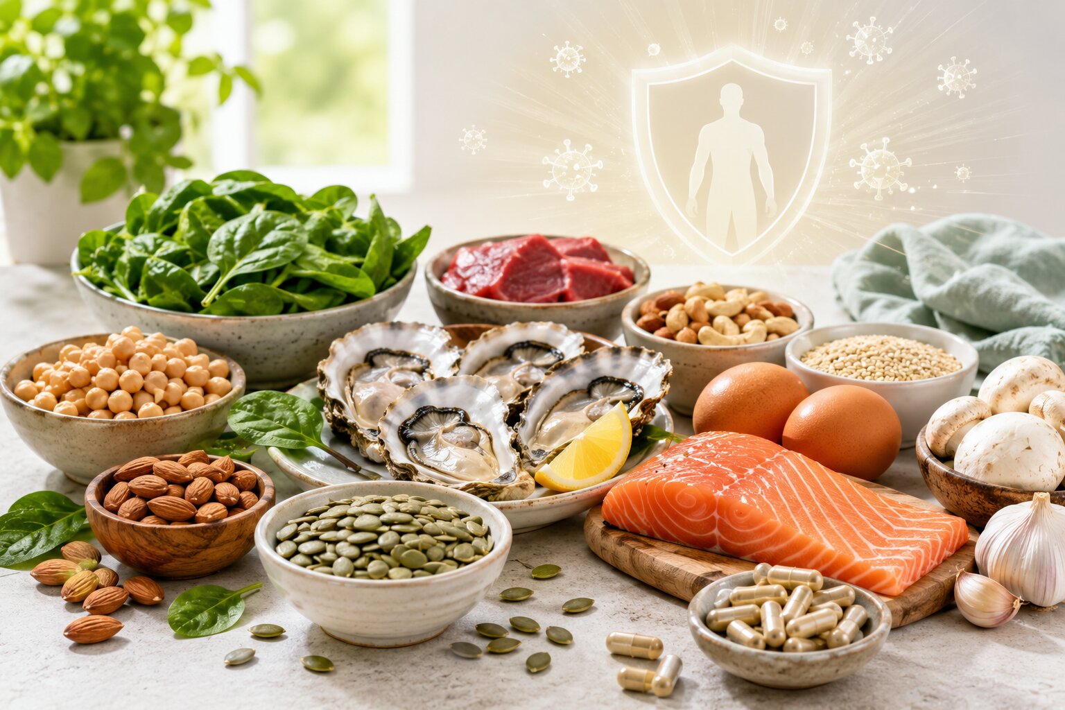 Zinc for Immune Health Benefits Zinc supplement and healthy foods that support immune health