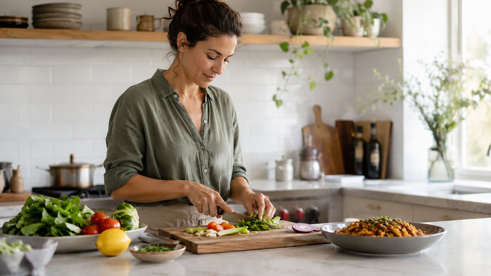 Cooked Meals, Fresh Foods and Digestive Demand Person preparing a meal with both fresh vegetables and cooked whole foods