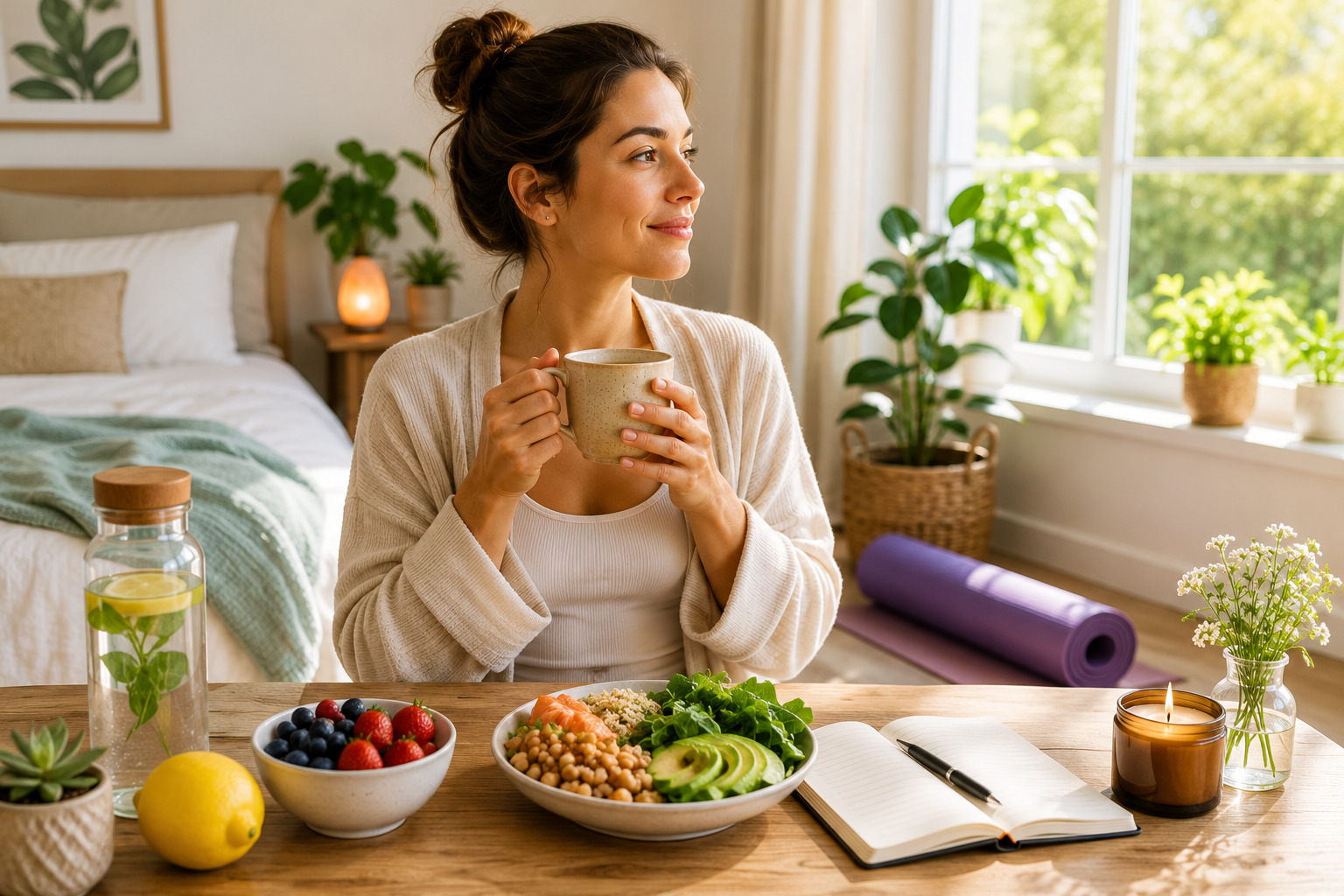 daily habits for hormonal health Daily habits that support hormonal health with a calm morning routine, healthy food, herbal tea, journaling, and gentle movement