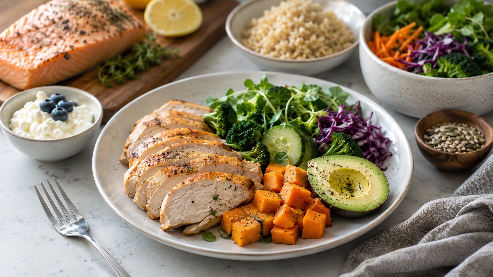 Food Components Supported by Digestive Enzymes Natural meal ingredients representing protein fats starch dairy and fiber