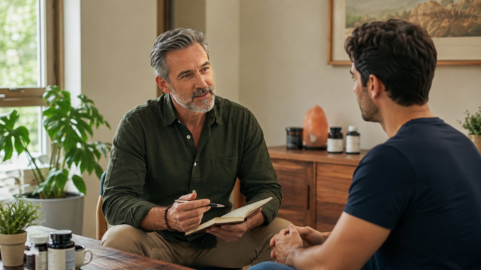 Understanding a Digestive Supplement Program Practitioner discussing digestive supplement choices with an adult client