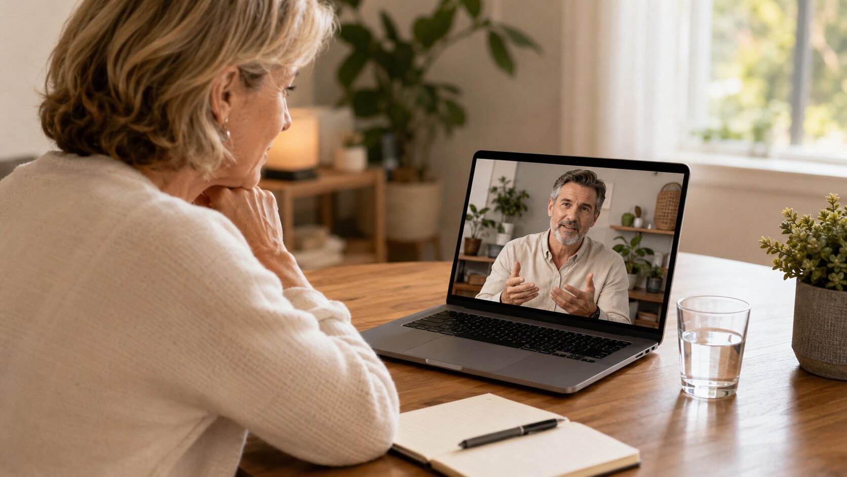 Free Online Consultation for Digestive Questions Adult speaking with a holistic wellness practitioner during an online consultation