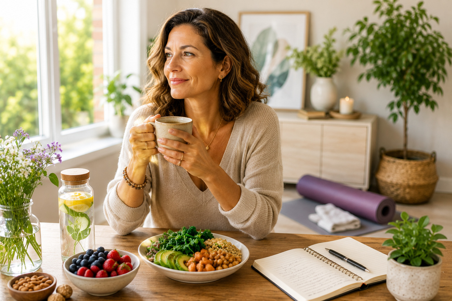 hormone support for women Hormone support for women over 40 with healthy food, herbal tea, journaling, and a calm wellness routine