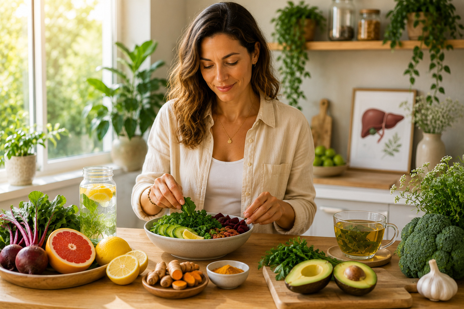 liver function and hormones Liver function and hormone balance supported by healthy foods, herbal tea, water, and a natural wellness routine