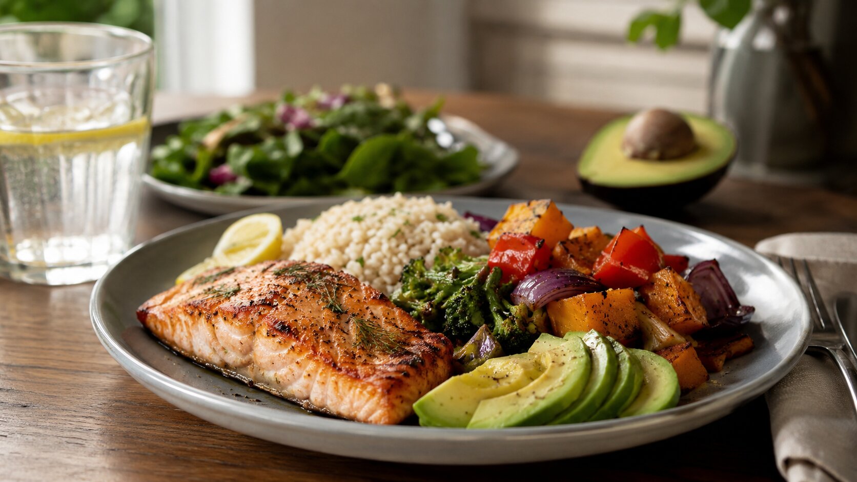 Mixed Meal Requiring Multiple Digestive Enzymes Balanced cooked meal with protein vegetables starch and healthy fats