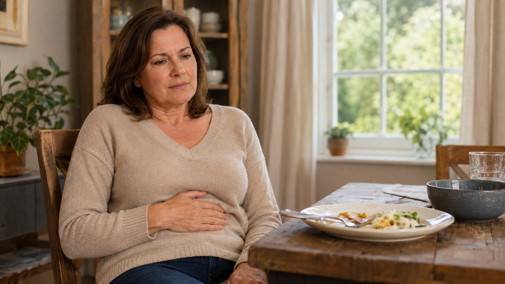 Post-Meal Fullness and Digestive Support Woman in her 50s noticing subtle fullness after a cooked meal