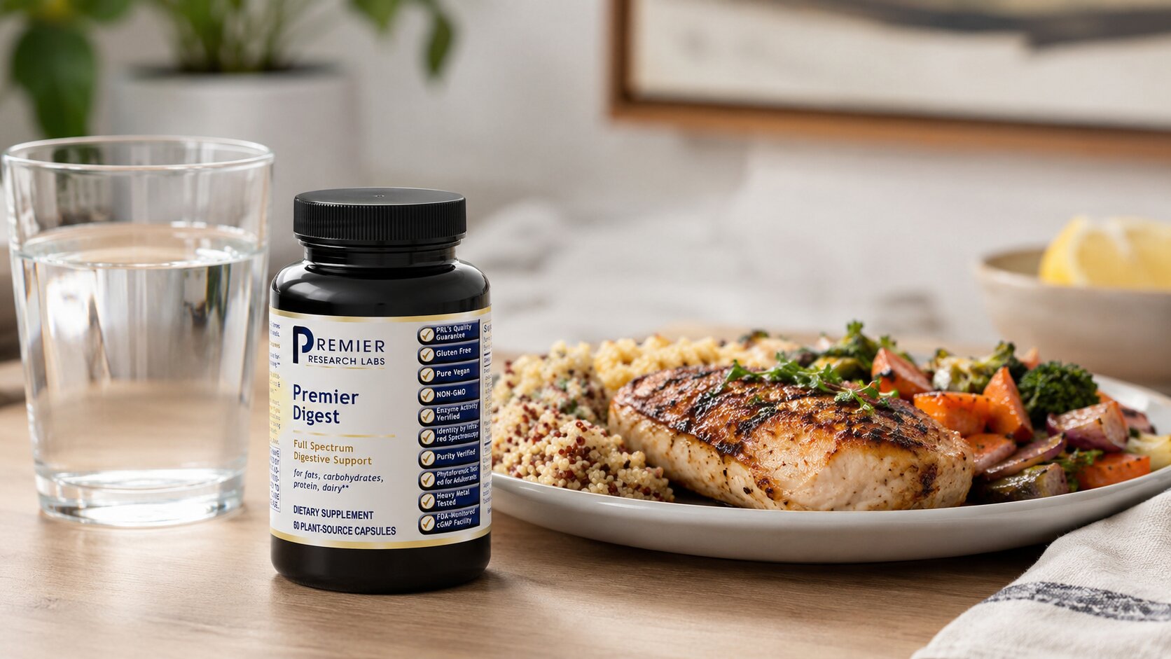 Premier Digest Full-Spectrum Enzyme Formula Premier Digest supplement bottle beside a simple healthy cooked meal
