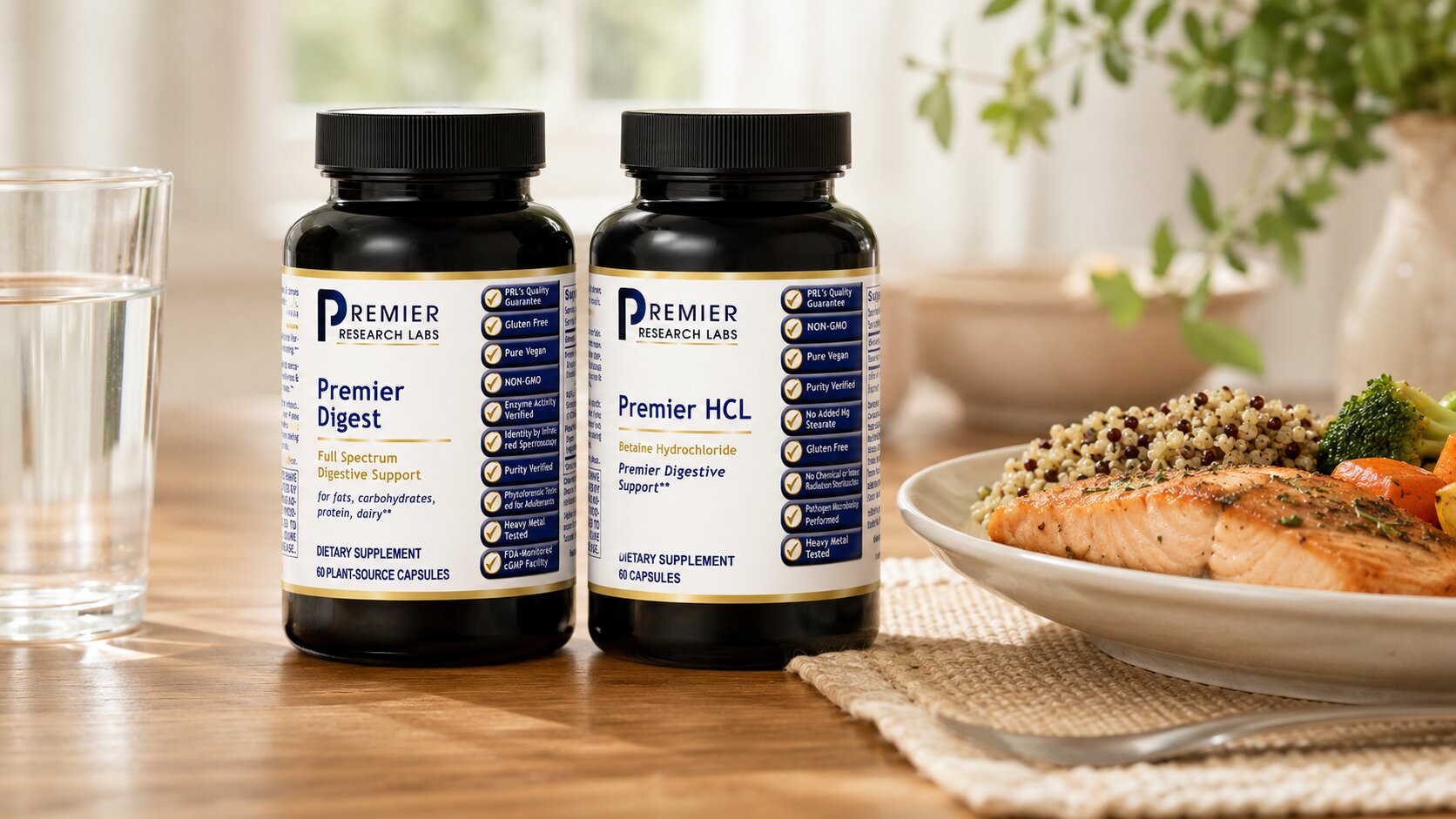 Premier Digest vs Premier HCL Premier Digest and Premier HCL bottles beside a healthy cooked meal
