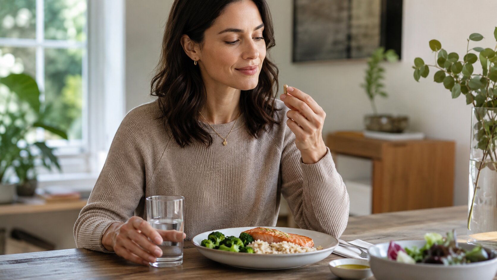 Taking Premier Digest Before a Meal Adult holding a digestive enzyme capsule with water before a healthy meal